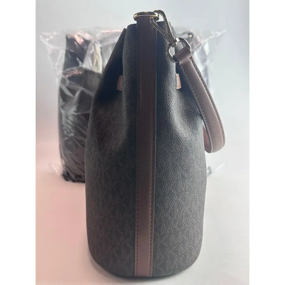 Michael Kors Carson Medium Convertible Bucket Bag Brown Signature Shoulder NWT